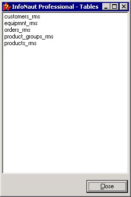 The InfoNaut - Tables window shows a list of the currently accessible tables.
