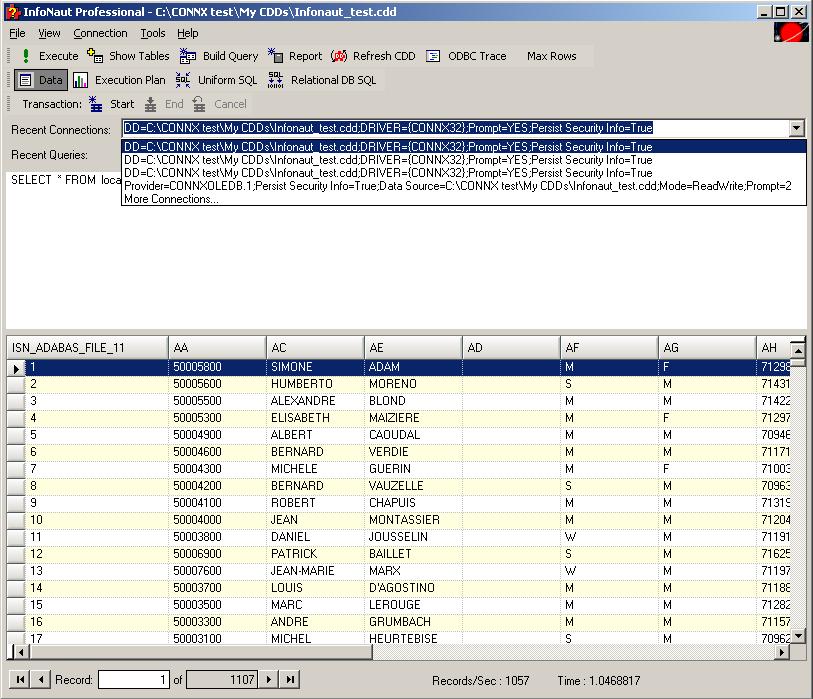 Clicking the down arrow in the Recent Connections tab opens a drop-down menu with a list of the most recent connections.