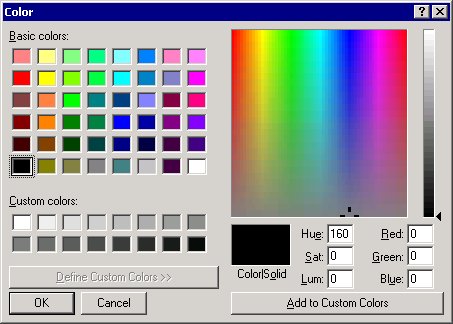 The Color window contains selections of basic colors, custom colors and gives you the ability to define your own custom colours.