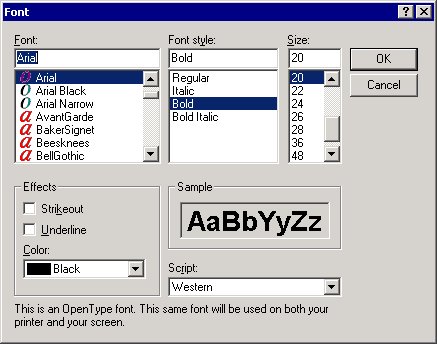 You can also select and customize effects and choose a script from the Font window. The window includes a preview of your current font settings.