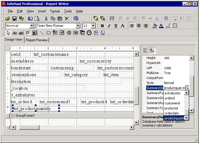 The SummaryDistinctField data fields are based on the query results.