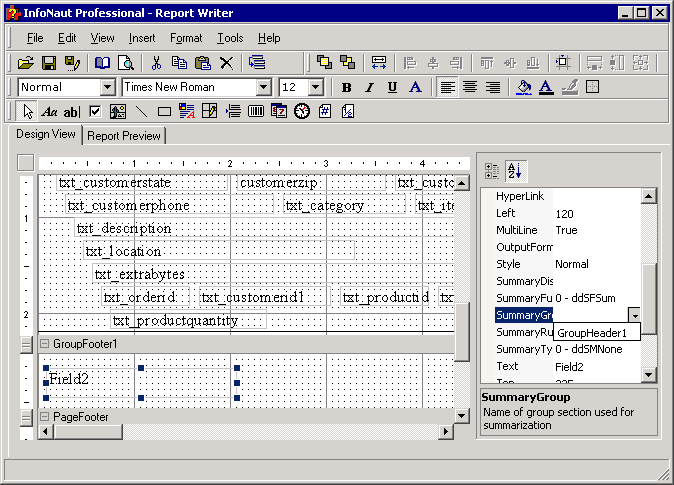 The list shows the available groups - only GroupHeader1 in this case.