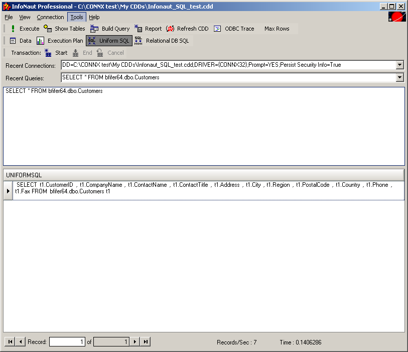 The UNIFORMSQL section in the lower pane on the main InfoNaut screen shows the uniform SQL statement.