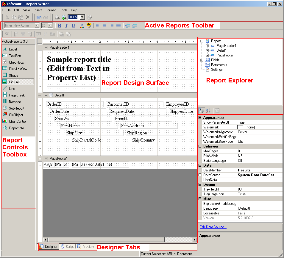 The designer tab from the Report Writer window has a Report Controls Toolbox, that allows you to edit lables and add objects like text or check boxes, barcodes and etc. You also have a font toolbar, a report explorer and a section with information about page settings. More information follows.