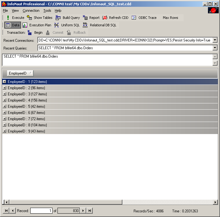 The query is grouped by the EmployeeID column. You get the information that there is 9 EmployeeID values and you also find out how many times every value of EmployeeID exists.