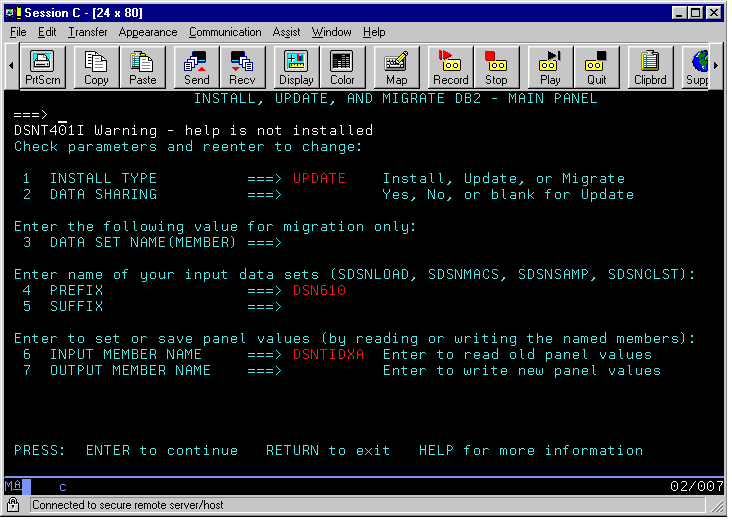 A mainframe INSTALL, UPDATE, AND MIGRATE DB2 - MAIN PANEL screen with update as install type, DSN610 for PREFIX in the "Enter name of your input data sets" field and DSNTIDXA for INPUT MEMBER NAME in the "Enter to set or save panel values" field.