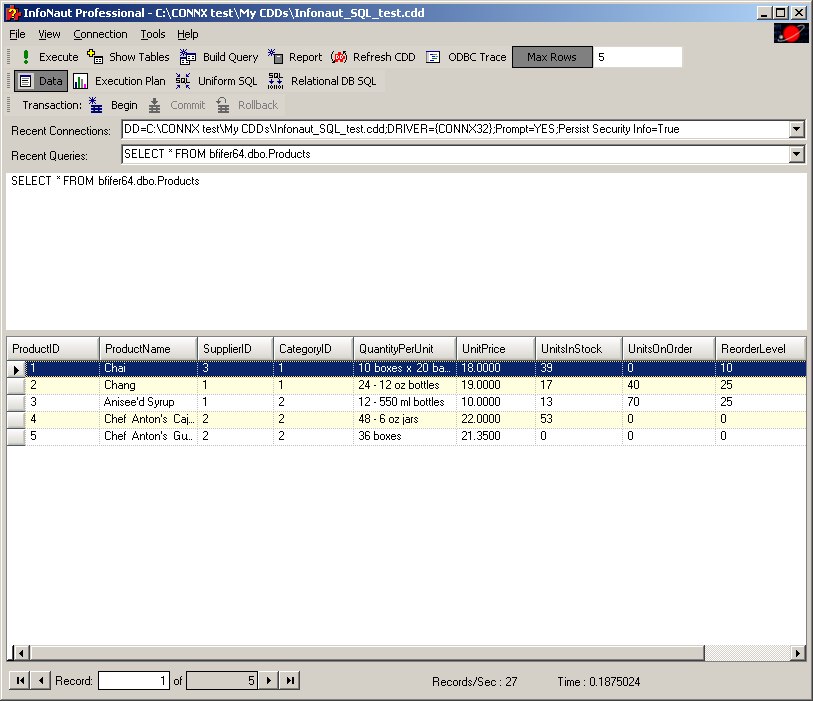 Here you only see 5 results in the lower pane, because Max Rows is set to 5.