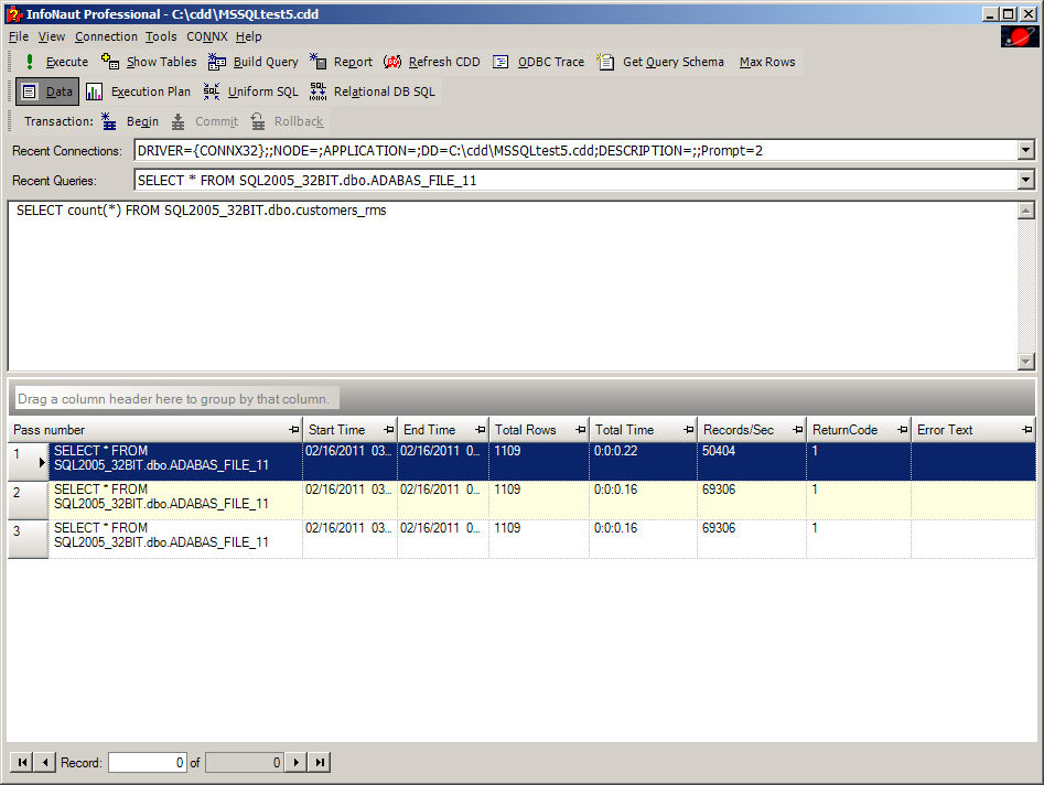 The selected .sql file contained 3 SELECT * FROM SQL statements. The results from the execution of the statements are shown in the InfoNaut results grid.