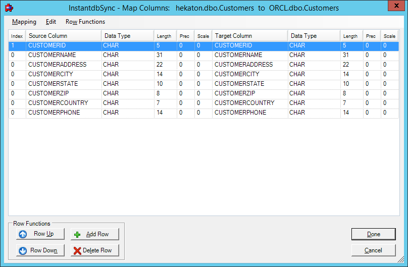 Mapping Table Example Column Mappings