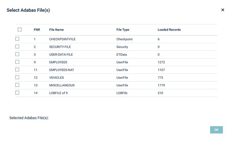 Screenshot: Select Adabas Files dialog