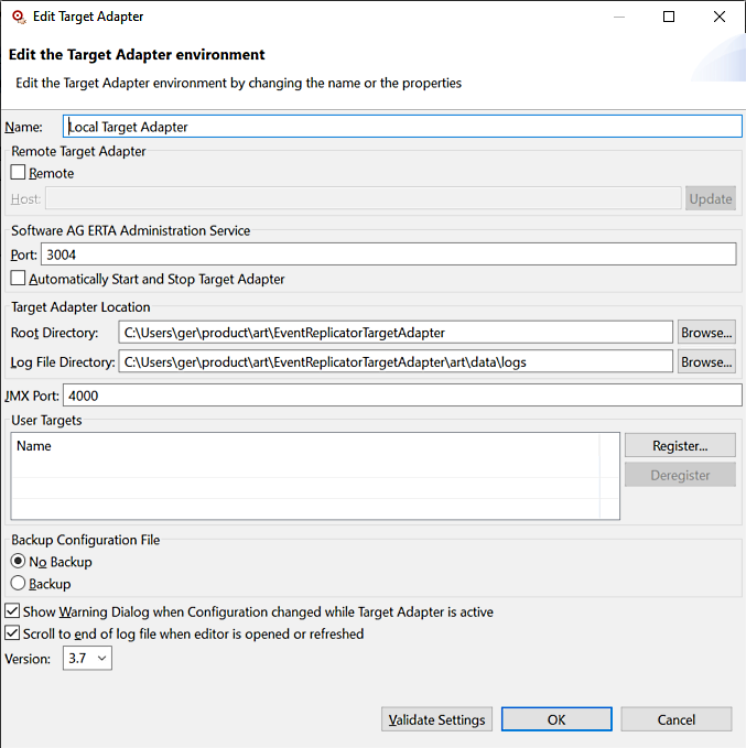 The edit the target adapter environment message box