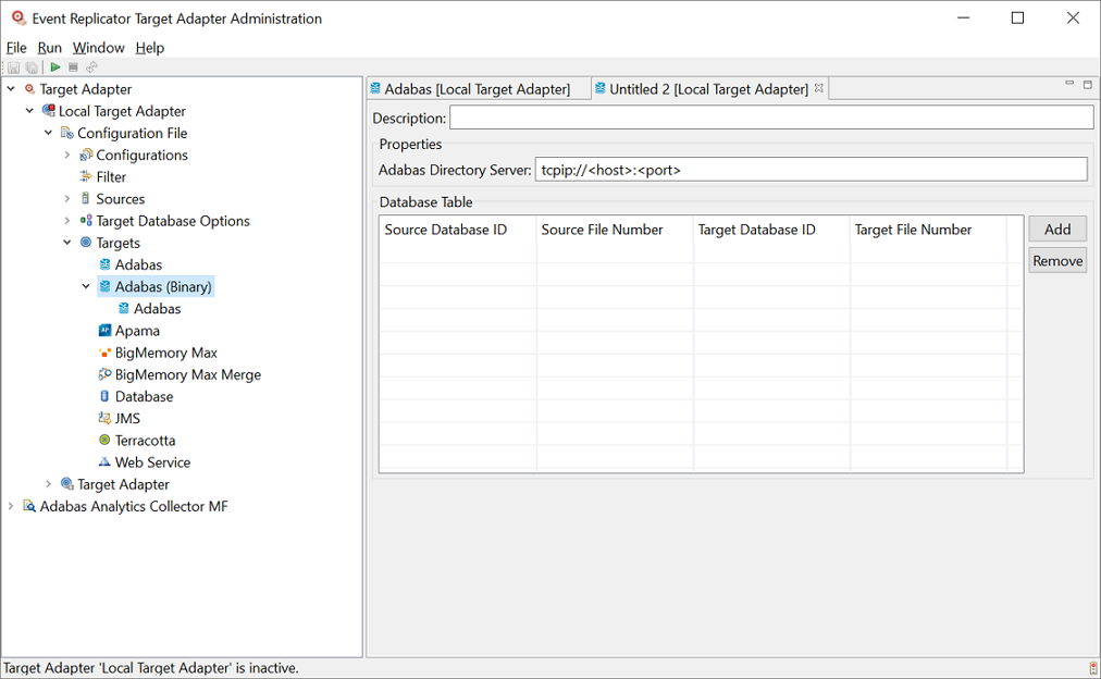 Adabas (Binary) target definition panel