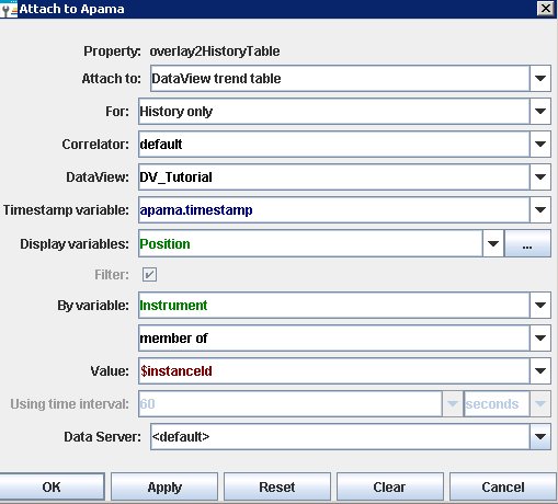Example of a filled-in Attach to Apama dialog