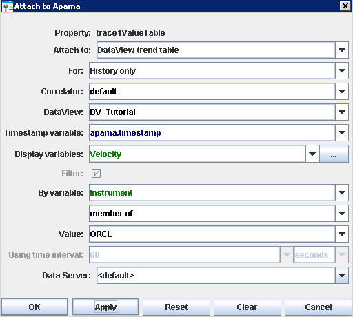 Example of filled-in Attach to Apama dialog