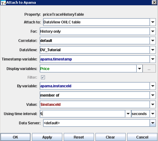 Example of a filled-in Attach to Apama dialog