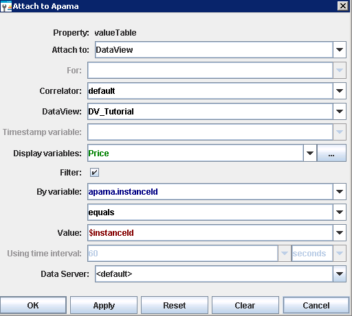 Example of filled-in Attach to Apama dialog