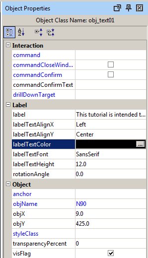 Example of the object properties panel
