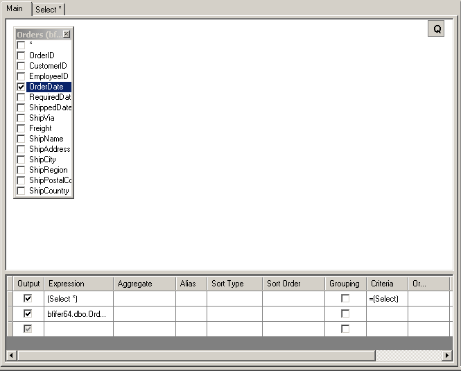 In this example, the OrderDate object has (Select *) in the Expression field and =(Select) in the Criteria field.