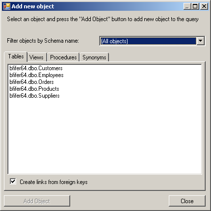 The add new objects contains interfaces for adding tables, views, procedures and synonyms. It also allows you to filter objects by Schema name.