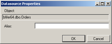 The Datasource Properties window has fields with names and text boxes that allow you to edit the properties of the selected object.