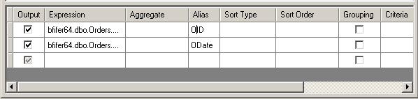 The Columns pane contains information about which queries will be output, expressions and aliases. You can edit aliases in this window.