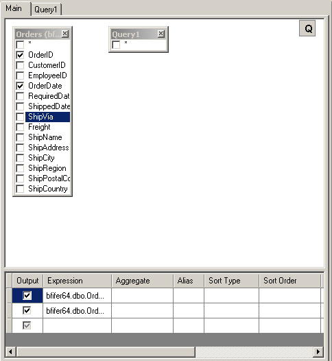 The derived table object appears next to the previous object in the main Query Building Area. It is possible to edit the new object on it's own by selecting the newly made Query1 tab.