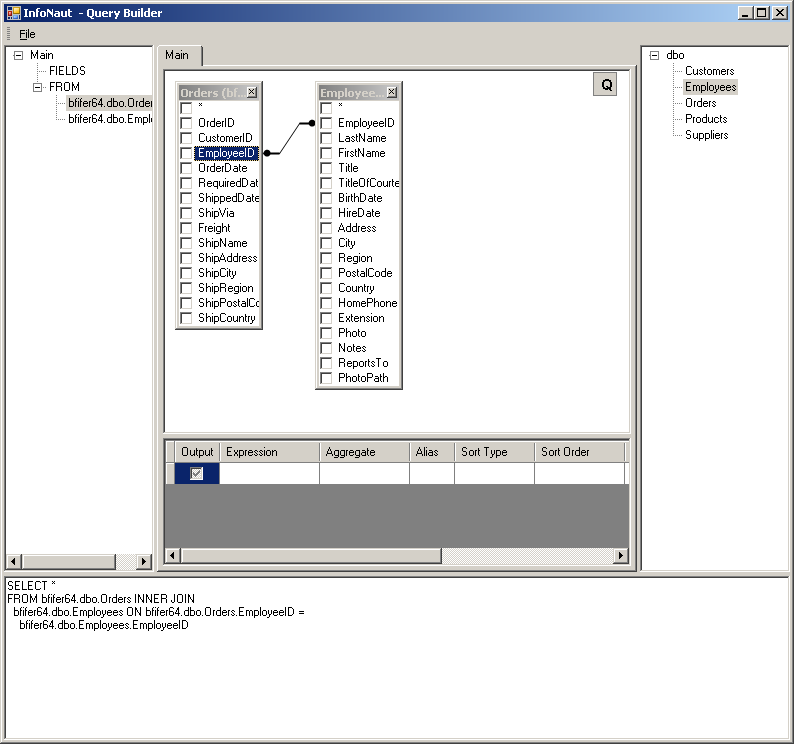 In this example, the EmployeeID object from the first table is connected to EmployeeID to the second one.