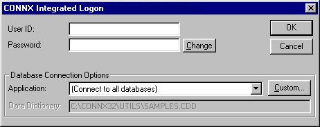 The CONNX Integrated Logon window has fields for a User ID and Password, as well as Database Connection Options.