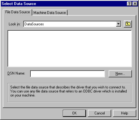 In the Select Data Source window you can choose between the File Data Source and Machine Data Source tabs and provide a DSN Name.