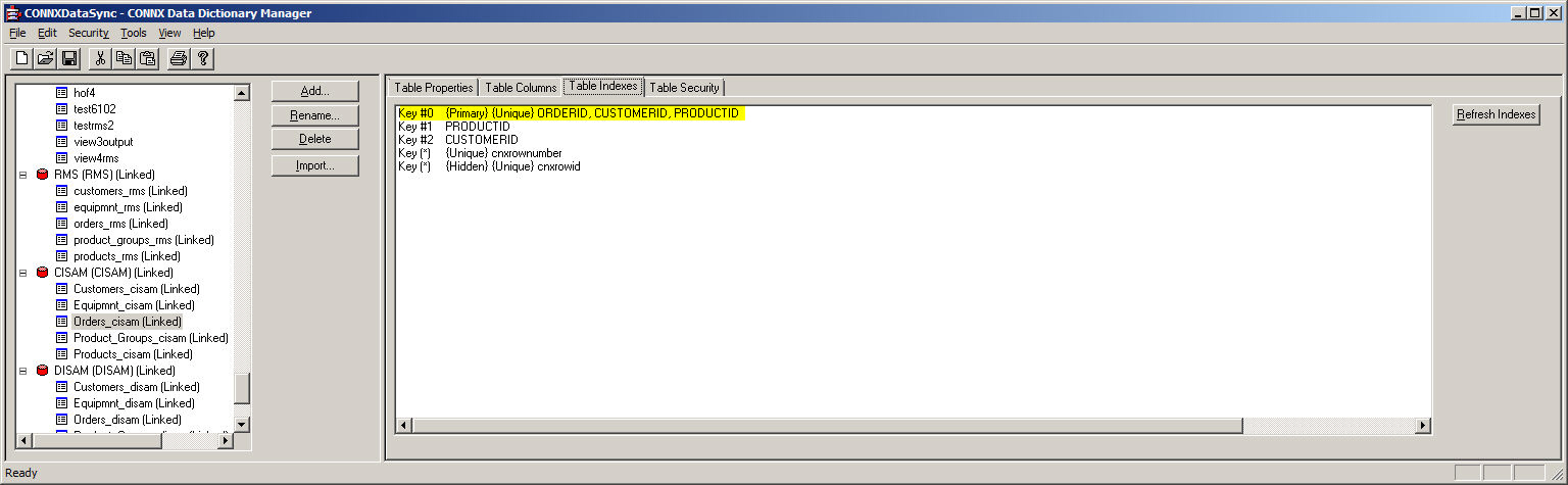 The ORDERS_CISAM table has a key that has the PRIMARY and UNIQUE attributes and represents the ORDERID, CUSTOMERID, and PRODUCTID columns.