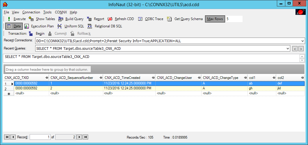 The target ID has information about the transaction ID, sequence number, a time-stamp, and a CNX_ACD_ChangeType.