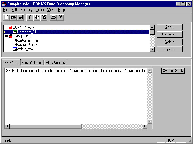 The new view named "NewView_01" appears under the "CONNX Views" section in the CONNX Data Dictionary Manager.