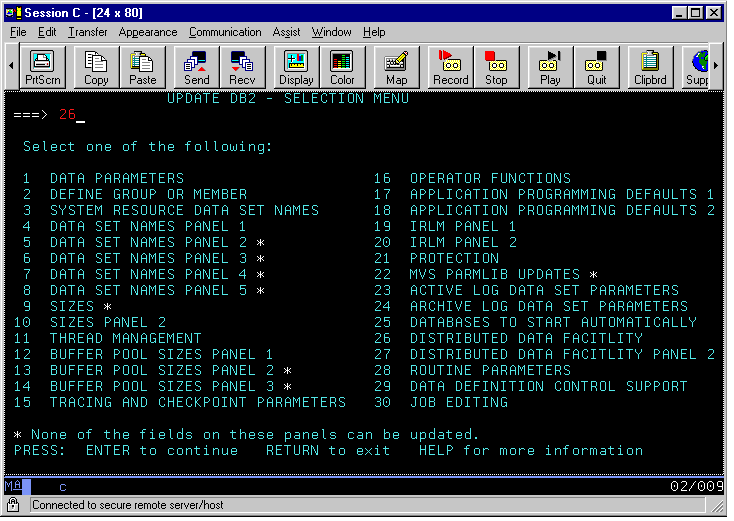 A mainframe UPDATE Db2 - SELECTION MENU screen where option 26 is selected.