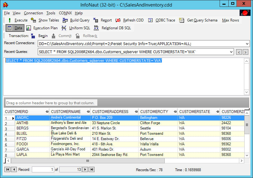 You can now see the query from the selected .dqy file in the query text box and the information from the database in the bottom part of the main InfoNaut window.