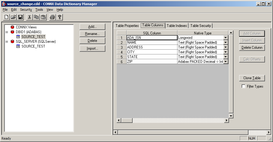 The table columns in the source table are ADA_ISN with type Longword, NAME, ADDRESS, CITY, and STATE with type right space padded text, and finally ZIP with type Adabas PACKED Decimal -> Int.