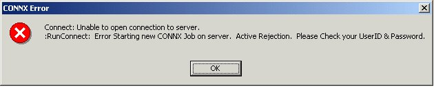 error message: Unable to open connection to server. check user ID and passowrd.