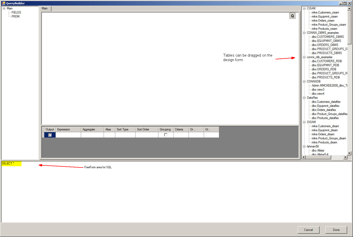 The right part of the main Query Builder window lists the tables that can be dragged to the design pane. The bottom part is a FreeForm area for SQL.