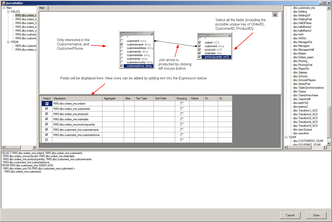 Query Tool allows you to select only the fields you're interested in from the two tables. You can create a join arrow by clicking the left mouse button. The bottom of the design pane will show the selected fields.