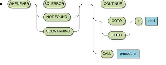 Pair WHENEVER with SQLERROR, NOT FOUND or SQLWARNING. Then use CONTINUE, GOTO or CALL. Use label for GOTO statements and a procedure for the CALL statement.