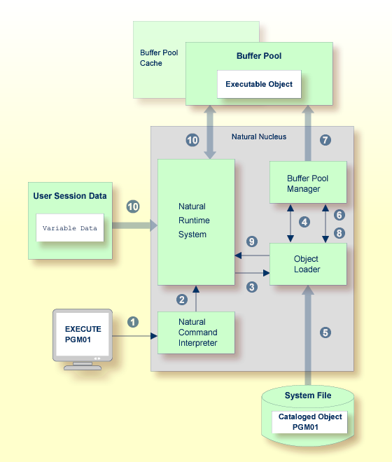 Illustrates the internal mechanics of how a Natural program is executed, highlighting the roles of the Natural Command Interpreter, the Runtime System, the Object Loader, and the Buffer Pool Manager