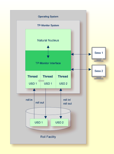 The Natural Nucleus processes the user session through the TP-monitor interface, utilizing the thread and the session data