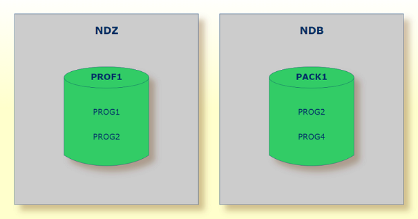 NDZ static generation done for Natural programs PROG1 and PROG2 contained in the SQLJ profile and package PROF1 and an NDB static generation done for Natural programs PROG2 and PROG4 contained in package PACK1. 