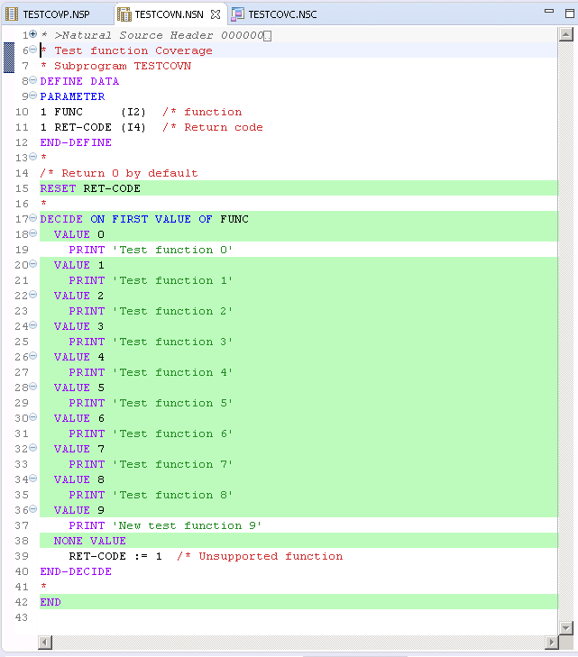 Example showing the source editor being opened from the Code Coverage view in NaturalONE.