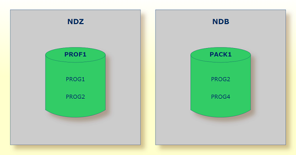 NDZ static generation done for Natural programs PROG1 and PROG2 contained in the SQLJ profile and package PROF1 and an NDB static generation done for Natural programs PROG2 and PROG4 contained in package PACK1.
