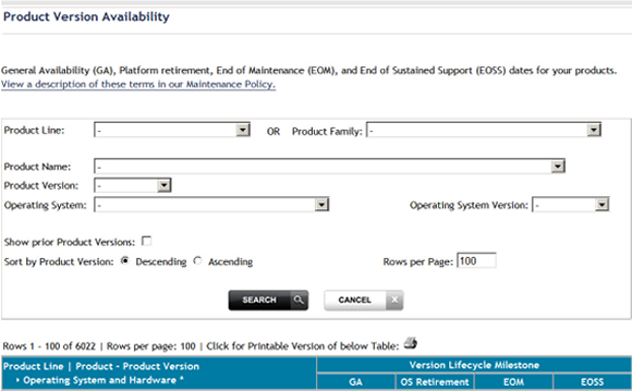 product version availability search menu