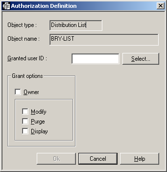 Authorization definition dialog