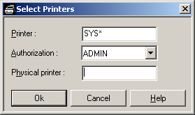 Select Printers dialog with selection criteria entered