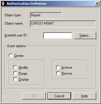 Authorization definition dialog