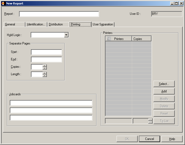 New Report - Printing Attributes dialog