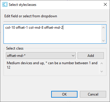 Select styleclasses col-offset-1, col-md-8 and col-offset-md-2